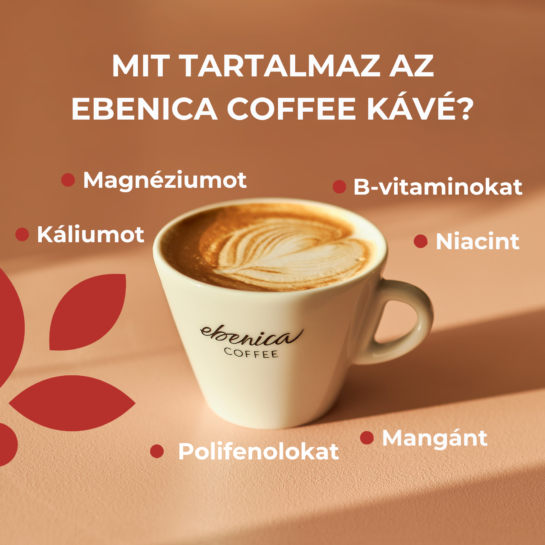 Egy csésze Duetto kávé a következő tartalmakat felsoroló szöveggel: magnézium, kálium, polifenolok, B-vitaminok, niacin és mangán.