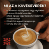 A képen egy csésze Intensivo tejeskávé látható, amelybe egy barista tejhabbal mintát készít, mellette magyar nyelvű információ az Intensivo kávékeverékről.