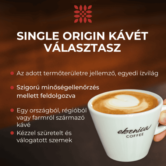 A képen egy "ebenica COFFEE" feliratú csésze cappuccino látható, mellette a Brasil Santos single origin kávé jellemzői magyarul, barna háttéren.