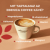 A rózsaszínű felületen egy fehér csésze kávé ül latte arttal; a magyar nyelvű címkék kiemelik, hogy a guatemalai Acatenango kávé magnéziumot, káliumot, B-vitaminokat, niacint, polifenolokat és mangánt tartalmaz.