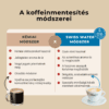 A Mammie összehasonlító táblázat a kémiai vs. Swiss Water koffeinmentes kávémódszereket mutatja be, kiemelve az íz, a költségek és a minőségbeli különbségeket két kávéscsésze képével.