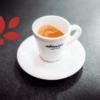 Egy fehér eszpresszócsésze, amelyen az "ebenica COFFEE" felirat olvasható, egy fehér csészealjon ül, sötét textúrájú felületen, a bal oldalon egy kis piros levélmintával.