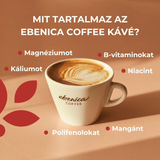 Egy csésze Ebenica kávé egy latte art szívvel, körülötte a tápanyagokat felsoroló szöveggel: magnézium, kálium, polifenolok, B-vitaminok, niacin és mangán.